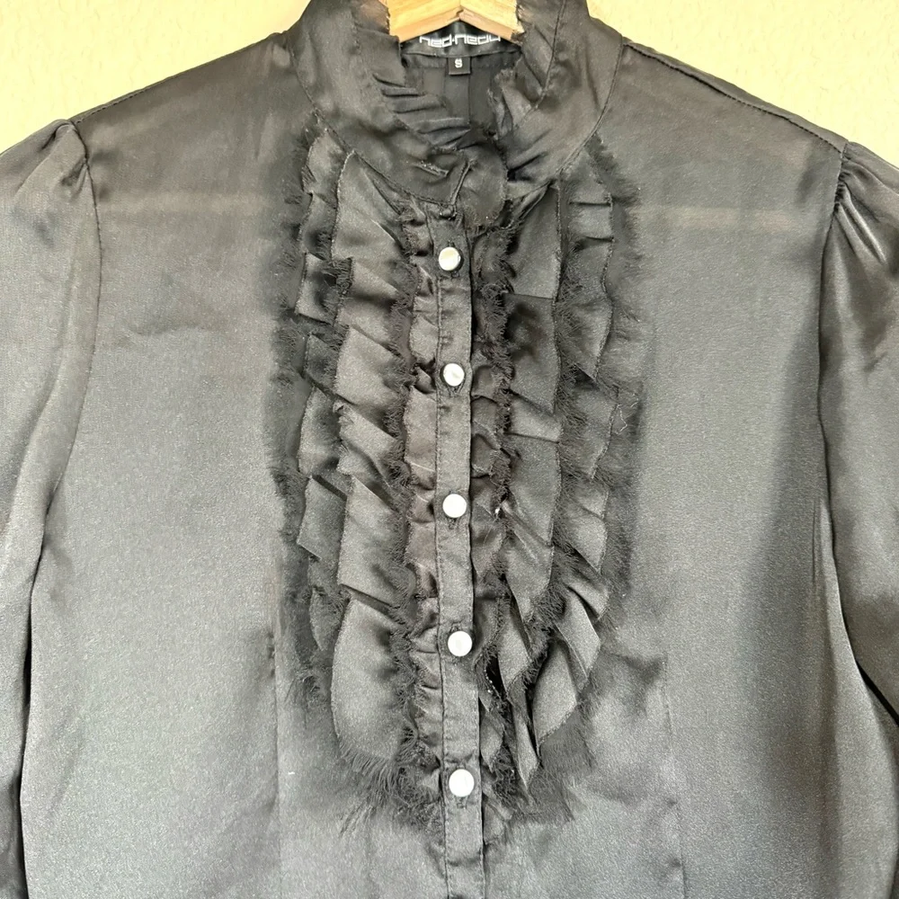 Women's Black Ruffle Front Button Blouse Flowy Y2K Style Size S Whimsigoth - Picture 3 of 7